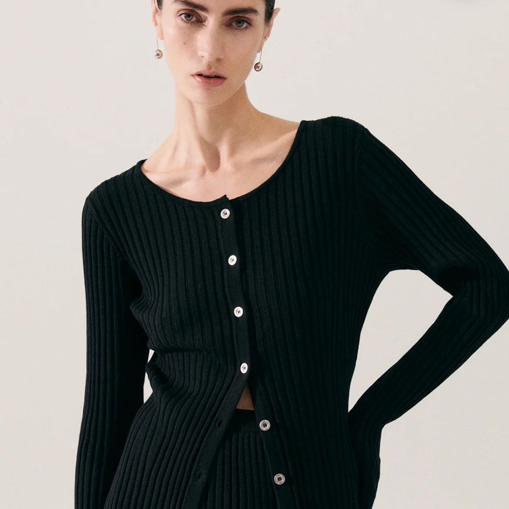 SILK LAUNDRY RIBBED CARDIGAN BLACK L NWT!